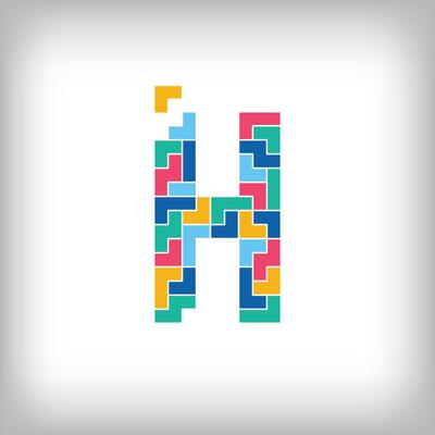 Unique colorful letter H falling pixel style. Editable design. Alphabets are related to each other.