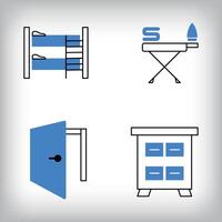 Linear door, drawer and bunk bed icon set. Different designs of household materials and appliances. vector