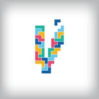 Unique colorful letter V falling pixel style. Editable design. Alphabets are related to each other. vector