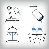 Linear work lamp, desk lamp and led lighting icon set. Different designs of household materials and appliances. vector