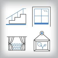 Linear stairs, windows and landscape icon set. Different designs of household materials and appliances. vector