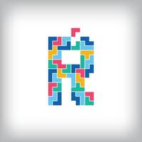 Unique colorful letter R falling pixel style. Editable design. Alphabets are related to each other. vector