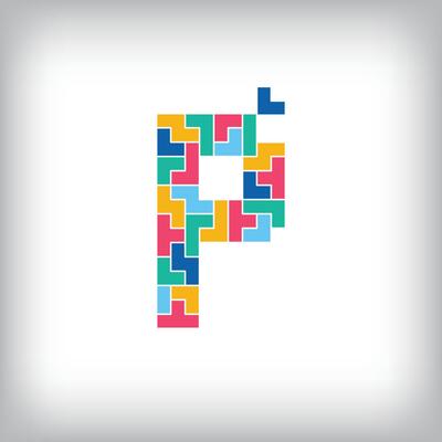 Unique colorful letter P falling pixel style. Editable design. Alphabets are related to each other.