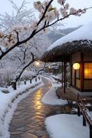 Snowy retreat - picturesque view of mountain village, with cozy cottages blanketed in snow, framed by majestic peaks, calm and enchanting atmosphere of a serene winter landscape. photo