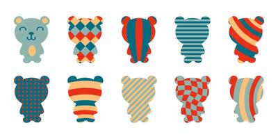 Abstract geometric clip art collection of teddy bears. Hand drawn characters set. Simple flat illustration isolated on white background. vector
