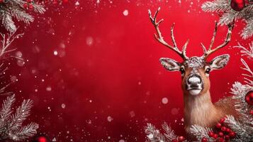 Christmas deer with snowflakes and red background photo