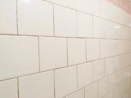 A white tiled wall in a bathroom with a pink and white tile border photo