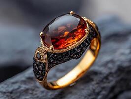 A gold ring with a large red stone surrounded by black diamonds photo