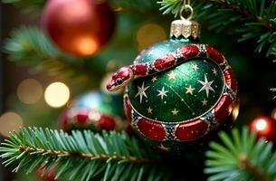 A close-up of a green Christmas ball with volumetric red snake design and star patterns, hanging on lush fir branches, on the background blurred Christmas ornaments and lights photo