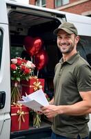 Smiling delivery man wearing a green cap and T-shirt with documents in hands near the open side door of a white van with red gift boxes, bouquet, and heart-shaped balloons photo