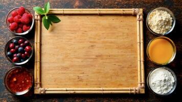 Top-down view of an empty bamboo cutting board surrounded by small glass bowls containing flour, berries, egg yolks, and sauces, with a sprig of green leaves, empty space photo