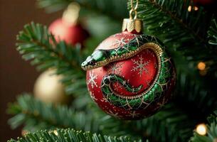 A close-up of a red Christmas ball with volumetric green snake design and snowflake patterns, hanging on lush fir branches, on the background blurred Christmas ornaments and lights photo