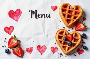 Top-down view of a banner of wrinkled white paper with watercolor hearts, heart-shaped waffles, strawberries, blueberries, and chocolate crumbs on the edges with written menu word photo