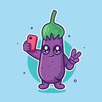 cutie eggplant vegetable character mascot taking a selfie with a smartphone isolated cartoon vector