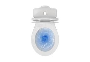 Top view of toilet bowl, blue detergent flushing in it photo