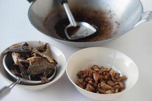 Crispy fried food on bowls after cooking with burnt used oil in pan. Concept, The oil used for frying food should not be reused because it contains carcinogens. Health care photo