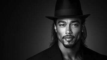 A black and white photo of a man in a hat
