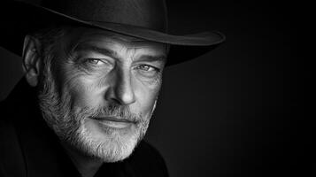 A black and white photo of a man wearing a hat