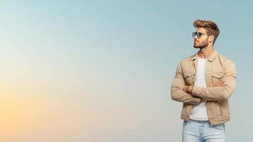 A man in sunglasses and a tan jacket standing with his arms crossed photo