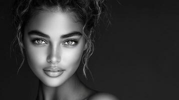 A black and white photo of a woman with big eyes