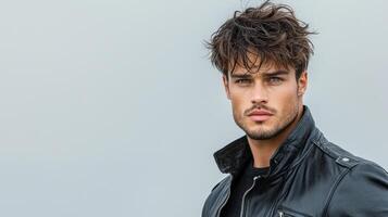 A man in a leather jacket posing for the camera photo