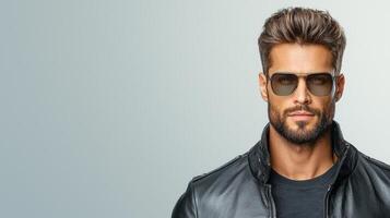 A man in sunglasses and a leather jacket photo
