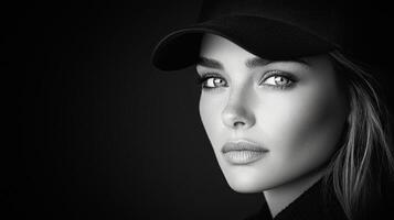 Black and white photo of a woman in a baseball cap