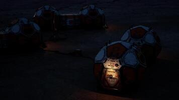 Exploring a Mars colony base at night with illuminated modules and equipment video