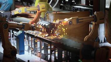 Robotic arms move parts on a conveyor in an automated factory video