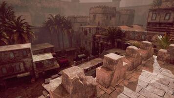 Exploring the ancient city with towering structures and lush palm trees video