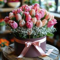 Pink tulips a round box with a pink ribbon photo