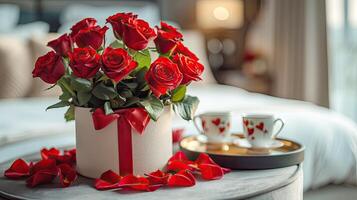 A bouquet of red roses, two cups of coffee in the hotel room. photo