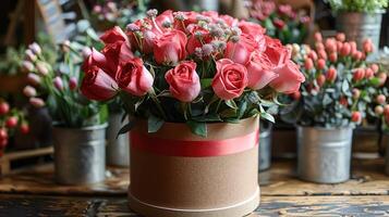 Red roses in a round box with a red ribbon photo