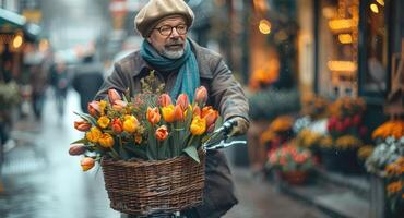A Senior man rides a bicycle photo