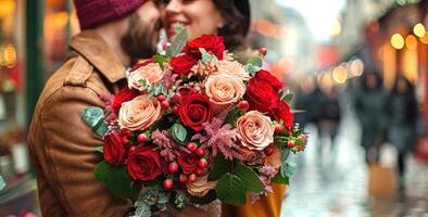 Couple in love with a huge bouquet of flowers photo