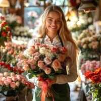 Florist with a large bouquet of flowers photo