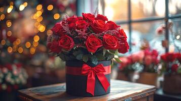 Red roses in a round box with a red ribbon photo