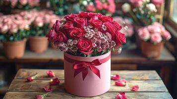 Red roses in a round box with a red ribbon photo