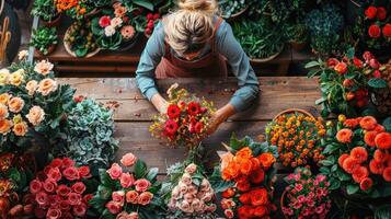 Florist making bouquet in flower shop photo
