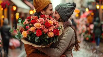 Couple in love with a huge bouquet of flowers photo