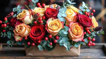 Arrangement of multi-colored roses wrapped in brown paper photo