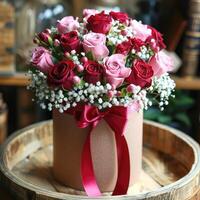 Red and pink roses in a round box with ribbon, photo