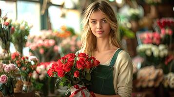 Girl florist with a bouquet of Red roses photo