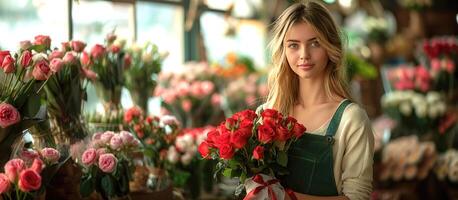 Girl florist with a bouquet of Red roses photo