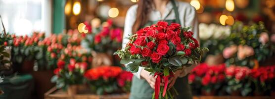 Cropped view, the florist with a bouquet of Red roses in blurred florist shop photo