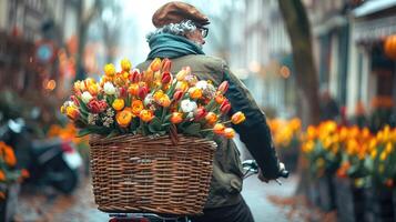 A Senior man rides a bicycle with a basket containing a huge bunch of bright flowers photo