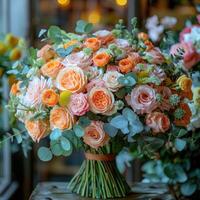 Arrangement of multi-colored flowers vibrant reds and yellows colors photo