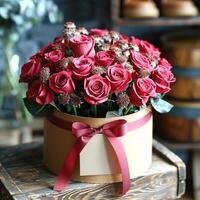 Pink roses a round box with a pink ribbon on top photo