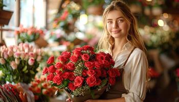 Girl florist with a big bouquet of Red roses photo