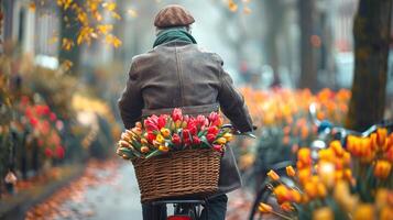 A Senior man rides a bicycle with a basket containing a huge bunch of bright flowers photo